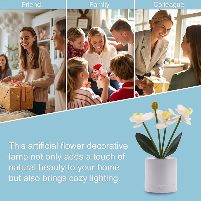 WSYEAR Flower Lamp Christmas Gifts for Her Women Wife Artificial Orchid Flower 3 Branches in White Pot, Realistic Fake Butterfly Orchid Bonsai for Living Room Decor