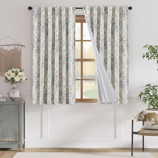 jinchan Blackout Linen Blend Curtain Grey Floral Blackout Curtains for Living Room 63 Inch Length Gray Printed with Lined Blackout Curtain for Bedroom Farmhouse Curtains Set 2 Panels