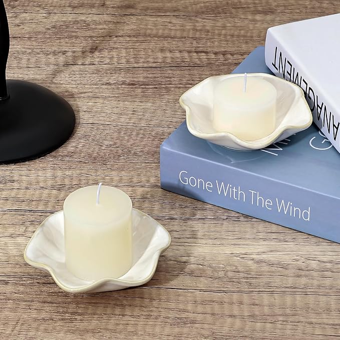 Koythin 2-Piece Ceramic Candle Holder, Aesthetics Candlestick Holders for Tea Lights, Lotus Leaf Shape Candle Stand for Mantle Table, Adorable Vintage Decor for Weddings Dining (Milky White)
