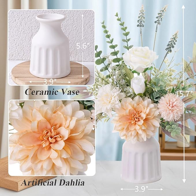 Fake Flowers in Vase, Artificial Flowers with Vase, 15.7'' Floral Arrangements for Dining Table Centerpiece Decor, Silk Roses & Faux Dahlia Bouquet for Farmfouse Kitchen Coffee Table Decor (Champagne)
