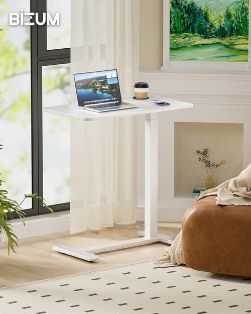 BIZUM Adjustable Bedside Table - Mobile Rolling Desk with Swivel Wheels & Cup Holder | 27.6"x15.8" White