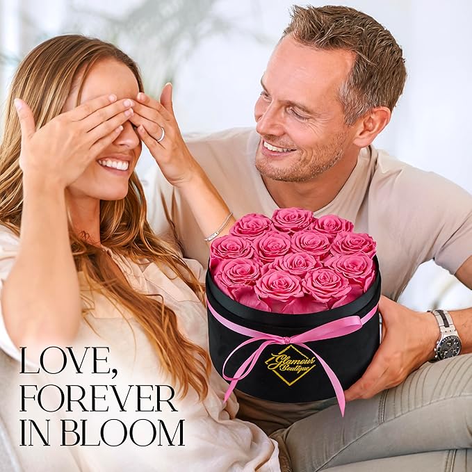 GLAMOUR BOUTIQUE Flowers Forever Gift Box 12 Real Preserved Roses in a Velvet Black Box, Birthday for Her Mom and Wife, Mothers Day, Anniversary, Graduation - Pink