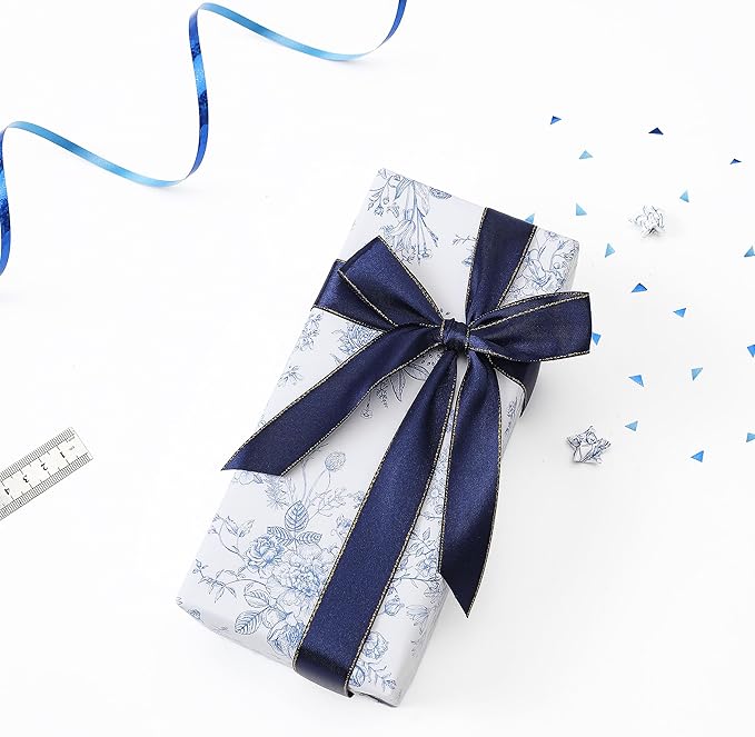 Blue Floral Wrapping Paper Roll, Mini Roll-17 Inches * 32.8 Feet, Flowers Design Wrap Paper for Girls Women Grandma, for Birthdays, Valentine's Day, Weddings, Anniversaries, Mother's Day, 1 Roll