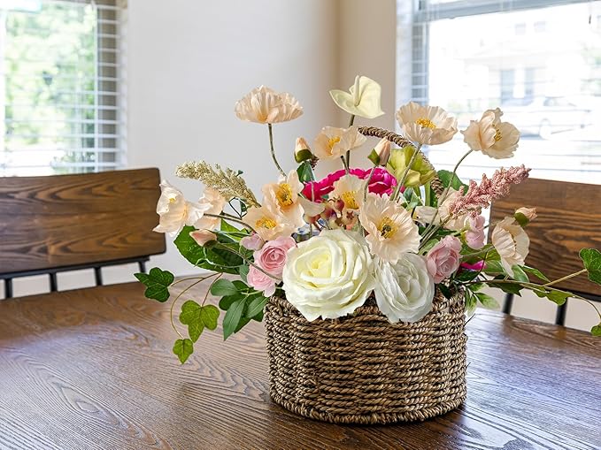 Champagne Poppy Flowers Fake 6PCS Faux Poppies Artificial with Long Stems Silk Bouquet for Home Kitchen Wedding Centerpiece Decor