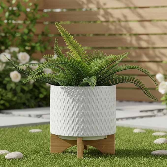 Modern Ceramic Planters with Wood Stand for Home Decor Elegant Flower Pots for Entryway, Garden, and Patio - Decorative Raised Container for Indoor and Outdoor Plants - 10", White & Tan