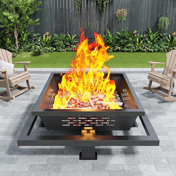 Auhilence 36 inch fire Pit, Square Outdoor Fire Pit with Poker, Wood Burning Fire Pit for Camping, Backyard, Patio