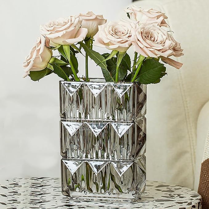 Glass Flower Vase, Clear Crystal Vases for Centerpieces, Heavy Handmade Modern Vases for Decor Home Bedroom Kitchen Office Living Room, 7.88 Inch (Clear Gray)