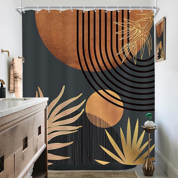 KOMLLEX Mid Century Brown Black Boho Shower Curtain 60Wx72L Inches Abstract Modern Shower Curtain for Bathroom Decor Plant Botanical Minimalist Arch Sun Fabric Liner Waterproof Polyester 12 Pack Hooks