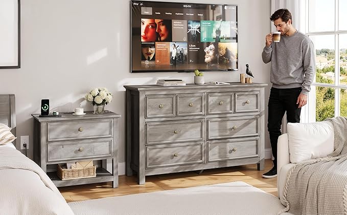 LGHM Large Nightstand with Charger Station, Dressers for Bedroom with 2 Drawers, 25.6" Tall Chest of Drawers Closet Organizers & Storage Clothes -Textured Borders for Living Room, Hallway, Gray