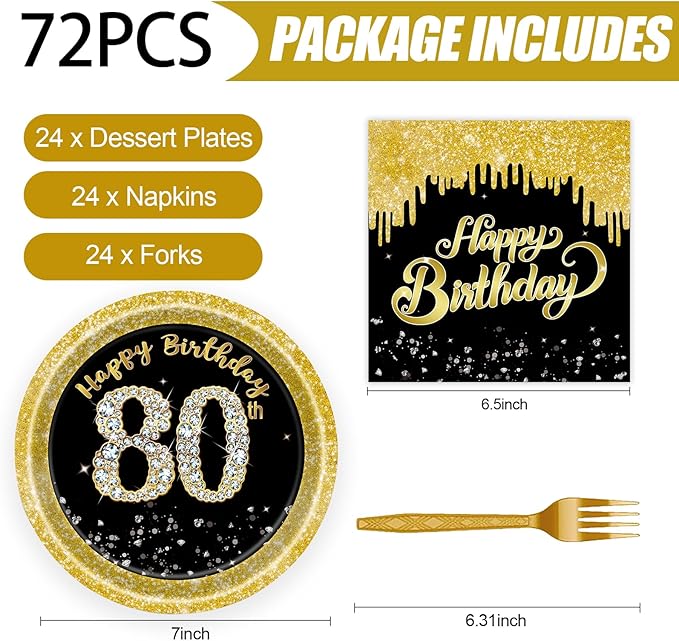 72 Pcs 80th Birthday Paper Plates and Napkins Party Supplies, Back Gold 80th Birthday Party Plates and Napkins Tableware Set for Men Women Cheers to 80 Years Decorations Serves 24