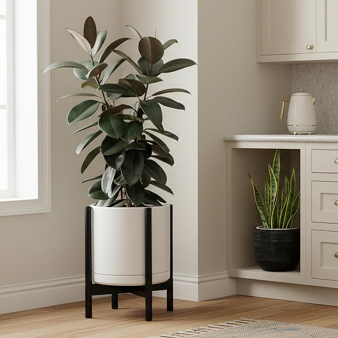 D'vine Dev Ceramic Planter with Ebony Stand - 12 Inch Modern Round Flower Pot with Wood Planter Holder, White, 55-B-H-1