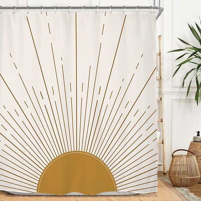 Miyotaa Abstract Sun Shower Curtain Set 71Wx71H Inches Modern Minimalist Mid Century Aesthetic Mustard Yellow Sunburst Sunrise Simple Polyester Waterproof Cloth Bathroom Curtain with 12 Hooks