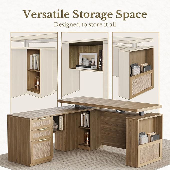 63 Inches L Shaped Standing Desk, Executive Standing Desk with Drawers and File Cabinet, AC/USB, 1.18" Desktop, Multi-Sized Storage Cubby, Privacy Panel, Rattan Computer Desk, Natural Oak