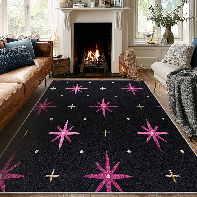 Atomic Rugs 6x8, Mid Century Modern Retro Washable 6 x 8 Area Rug for Living Room, Bedroom, Low Pile Non Slip Stain Resistant Carpet, Atomic Starburst Home Decor Accessories & M856