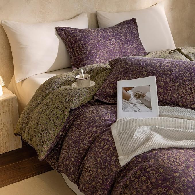 EAVD Soft 100% Cotton Muslin Yarn-Dyed Jacquard Textured Duvet Cover King Chic Shabby Purple Floral Duvet Cover with Zipper Closure Linen Like Gauze Floral Bedding Set with 2 Pillowcases