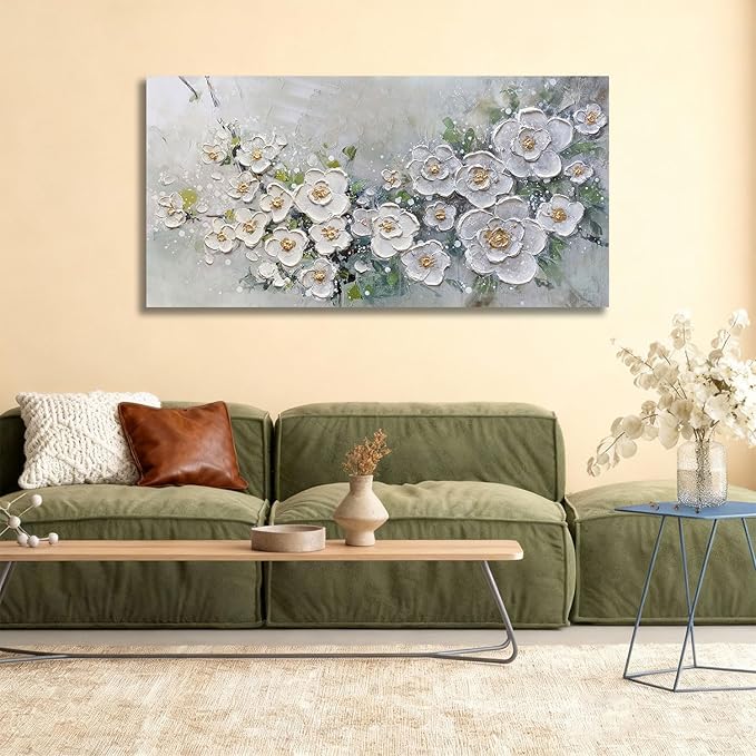 Brushart White Flower Wall Art Textured Floral Canvas Art Wall Decor Living Room Large Picture Wall Art Paintings Artwork for Walls Bedroom Home Office, 58"x29"