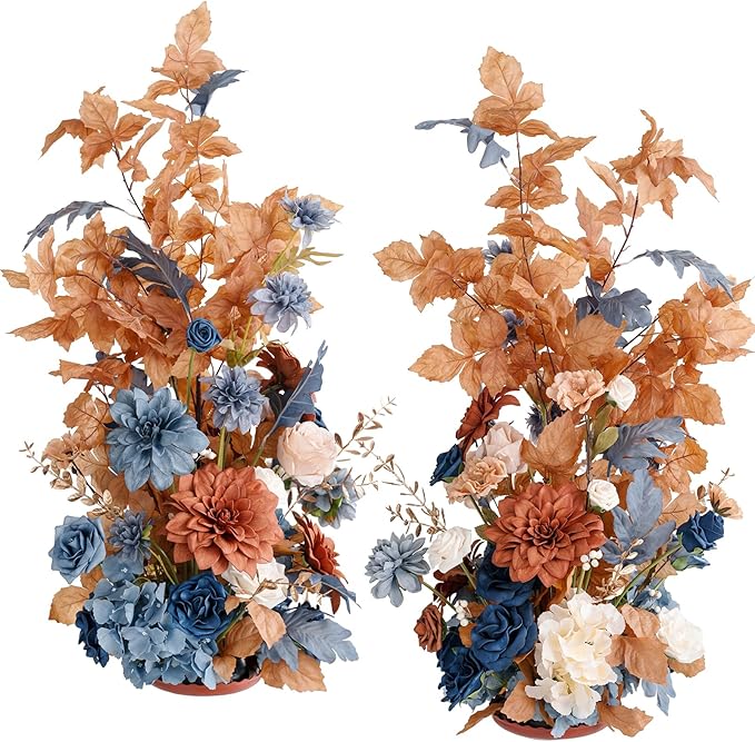 Ling's moment 41" Tall Fall Free Standing Artificial Flowers Arrangements 2 pcs Wedding Arch Altar Stage Decorations Russet Orange & Denim Blue for Ceremony Reception Church Backdrop Outdoor Party