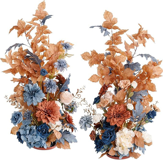 Ling's moment 41" Tall Fall Free Standing Artificial Flowers Arrangements 2 pcs Wedding Arch Altar Stage Decorations Russet Orange & Denim Blue for Ceremony Reception Church Backdrop Outdoor Party
