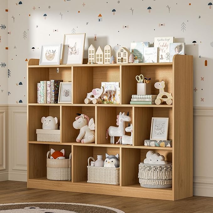Oak Bookshelf, Wood Bookcase with 3 Tier Open Shelves, 10-Cube Minimalist Storage Shelf for Living Room, Bedroom, 55.1" W x 42.5" H