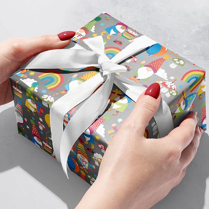 Jillson Roberts Bulk Gift Wrap, Everyday Gift Wrapping Supplies, Birthday Gnomes, 1/4 Ream 208 feet x 30 inches