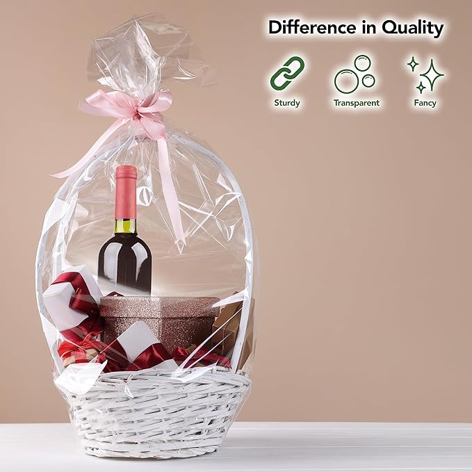Extra Large Cellophane Bags (Ribbon and Basket Not Included) – 9" x 20" (25 Count) – Clear Basket Wrapping Bags, Cellophane Gift Bags