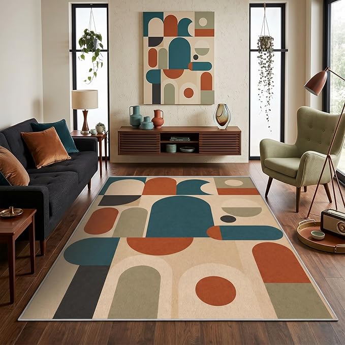 Teal Rust Area Rug 8x10, Mid Century Modern Mosaic Geometric Rug, Retro Abstract Color Block Washable Low Pile Non Slip Rug for Living Room Bedroom