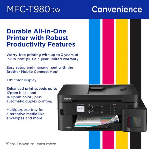 Brother INKvestment Tank 980 All-in-One Color Inkjet Printer - Wireless & Ethernet | Includes 3 Years of Ink
