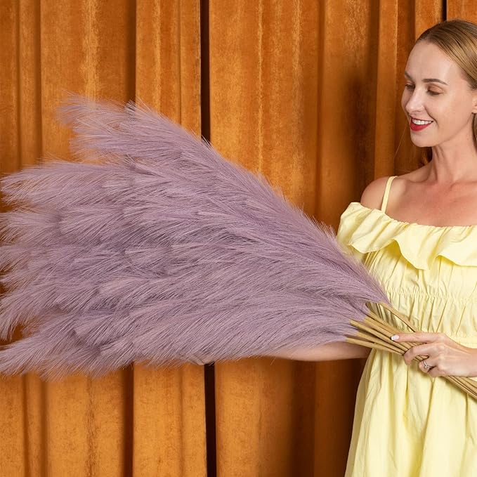 Pampas Grass Decor Tall, 43"/110cm Faux Pampas Grass 6 Stems Large Pompass Grass Branches Tall Bulk Boho Flower Arrangement for Home Room Wedding Party Decor (Light Purple)