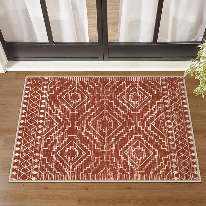 Wonnitar Moroccan Bathroom Rug,Washable 2x3 Small Bath Mat, Boho Tribal Soft Kitchen Sink Mat, Non-Slip Geometric Entry Way Rug, Low-Pile Indoor Carpet for Bedside Entrance Laundry (Brown,2'x3')