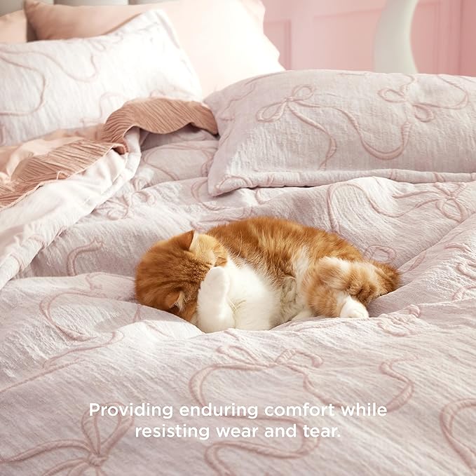 Bedsure Pink Duvet Cover Queen Size with Bowknot Jacquard Design, Soft and Elegant Boho Bedding Set, Luxurious Craftsmanship for a Stylish Bedroom,Includes 1 90"x90" Duvet Cover & 2 Pillow Shams