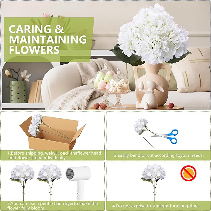 4 Pcs Long Stem Big Size Artificial Hydrangea Flowers for Home Wedding Decor, Party Centerpieces, Office Decoration,Shower (White)