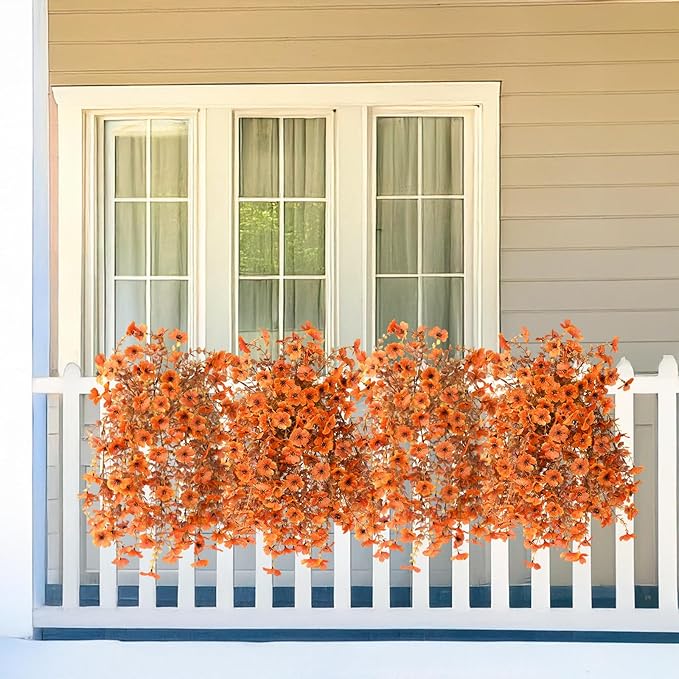 Artificial Fake Fall Flowers Faux Mums for Outdoor Decoration, 2 Pcs Fake Silk Daisy Flower Plants Realistic UV Resistant for Home Porch Balcony Patio Autumn Decor(Orange