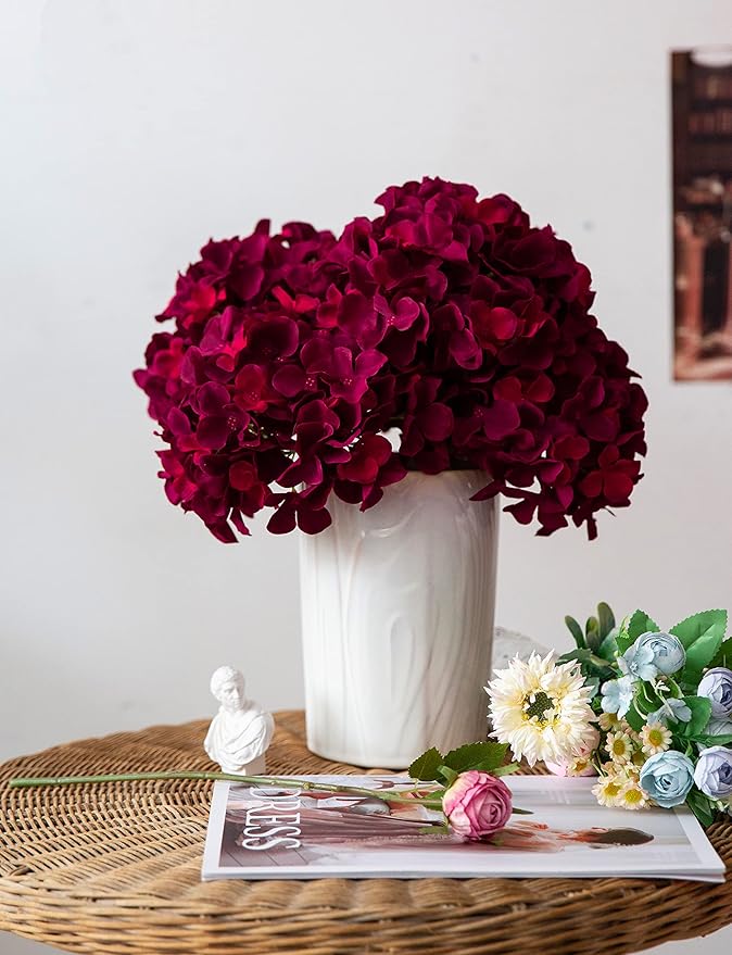 DuHouse 8.7" Silk Hydrangea Artificial Flower Heads with Stems Fake Hydrangeas Flowers for DIY Wedding Centerpiece Home Decor,Pack of 6 (Burgundy)