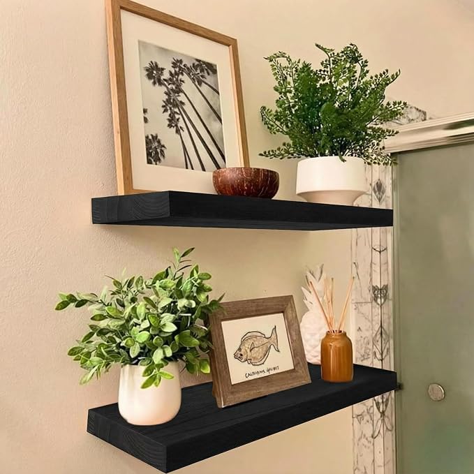 IAE Floating Wall Shelves 16 inch,Bathroom Shelving Wall Mounted,Invisible Shelf Floating Kitchen Shelves,Wooden wall Shelf with Brackets for Living Room wall Mounted,Easy Install,Set of 2,Black