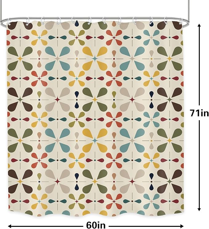 Boho Mid Century Shower Curtain Bathroom Set 60Wx71H Inches Modern Vintage Abstract Bohemian Colourful Geometric Retro Chic Bath Accessories for Girly Women Art Home Decor Fabric 12 Pack Hooks