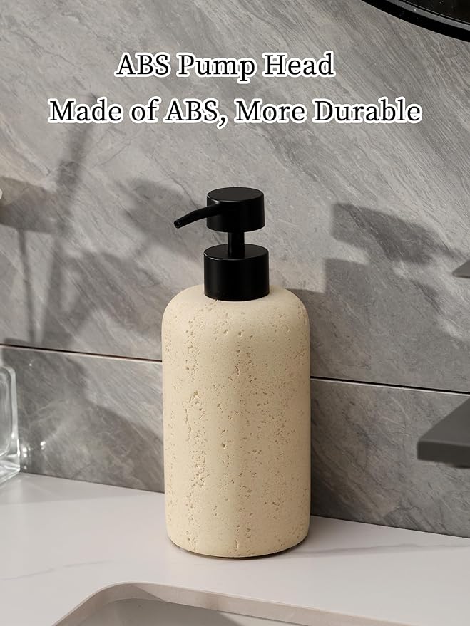 Soap Dispensers 340ML 11OZ, 2PCS Luxurious Hand Dish Shampoo Lotion Soap Dispenser Jar, Travertine Soap Pump Bottles for Kitchen Bathroom Countertop (Faint Yellow)