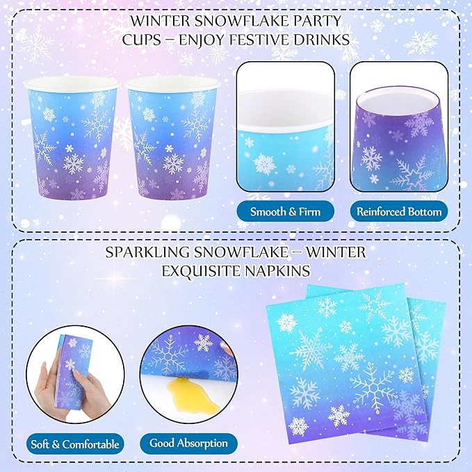 96 Pieces Frozen Iridescent Winter Snowflake Birthday Party Supplies Snowflake Tableware Set Disposable Paper Plates Cups Napkins Serve 24 Guests for Christmas Winter Wonderland Decorations