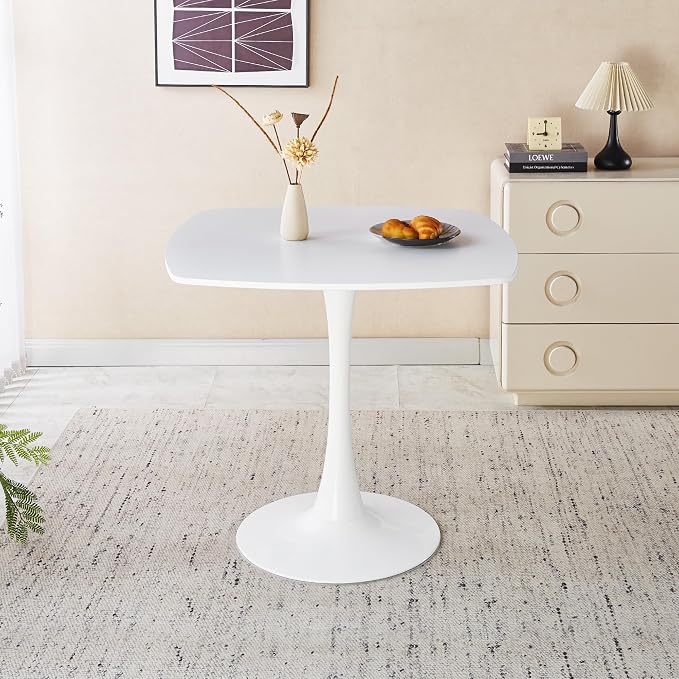 31.5 Inch Square Dining Table for 2 to 4 Person Mid Century Modern Tulip Table with Metal Pedestal Base Thick MDF Top for Apartment Kitchen Bistro Office, White