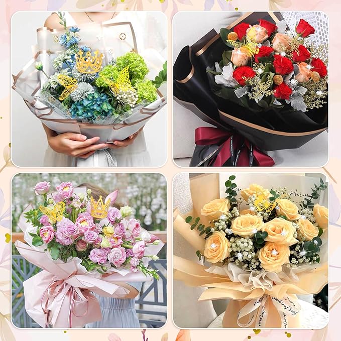 cridoz 195Pcs Flower Bouquet Accessories Supplies, 40 Flower Wrapping Paper, 4 Gold Crowns, 48 Butterfly Decorations, 100 Flower Pins and 3 Ribbons for Mother's Day Wedding Baby Shower Graduation