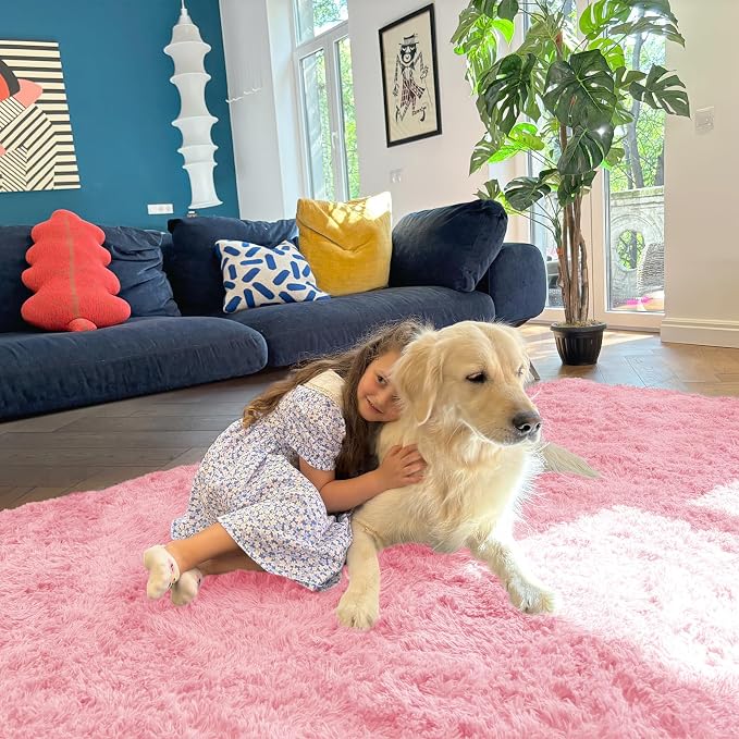 OLANLY 5x7 Machine Washable Large Area Rugs for Living Room, Bedroom, Soft Fluffy Shaggy Bedside Rug, Indoor Floor Carpet for Kids Girls and Boys, Dorms, Nursery, Home Decor Aesthetic, Pink