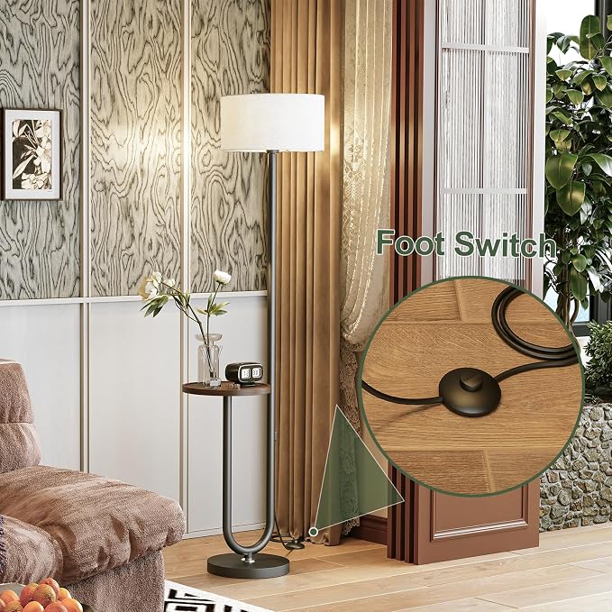 62.9" Floor Lamp with Table Brown, White Lampshade Vintage Standing Lamp with Tray Foot Switch, 3 Color Temperatures LED Bulb Included, for Living Room, Bedroom