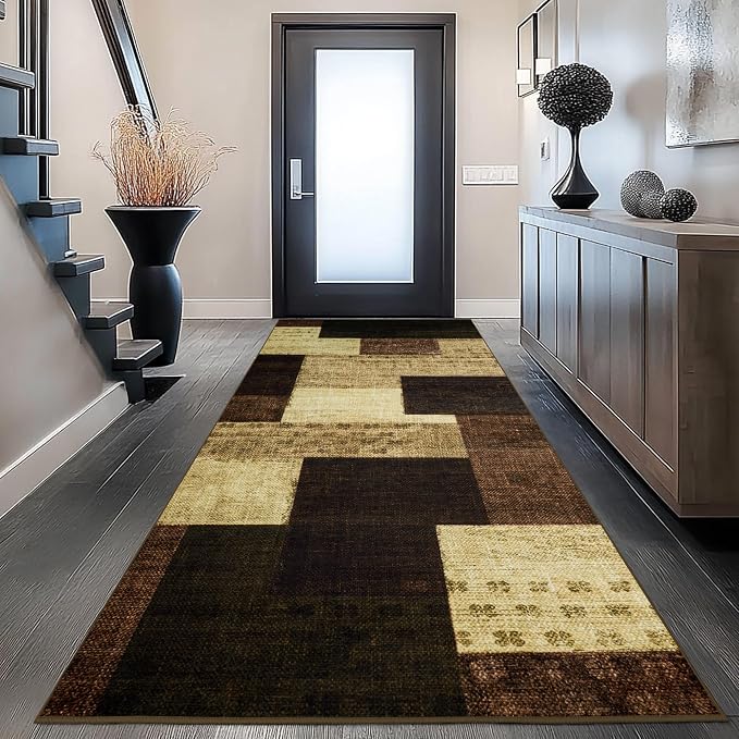 Modern Geometric Patchwork Indoor Runner Rug for Living Room, Warm Taupe 2.7'x 10' Rug Rockwood Collection Hardwood Floors Decor for Bedroom, Taupe Throw Carpet for Office Entryway Dining Room