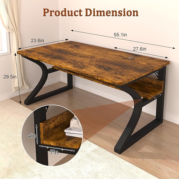 AZN Computer Desk, 55'' Computer Desk, Home Office Desks w/Storage, Home Office Desks w/U-Size Metal Frame for Home Office Bedroom, Study Writing Work Table w/Water-Resistant, Scratchproof Surface