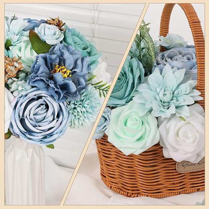 Artificial Flowers Combo Box Set Green Blue Bouquet Flowers for Wedding Centerpieces Arrangements Bridal Shower Party Decorations Fake Floral for Home