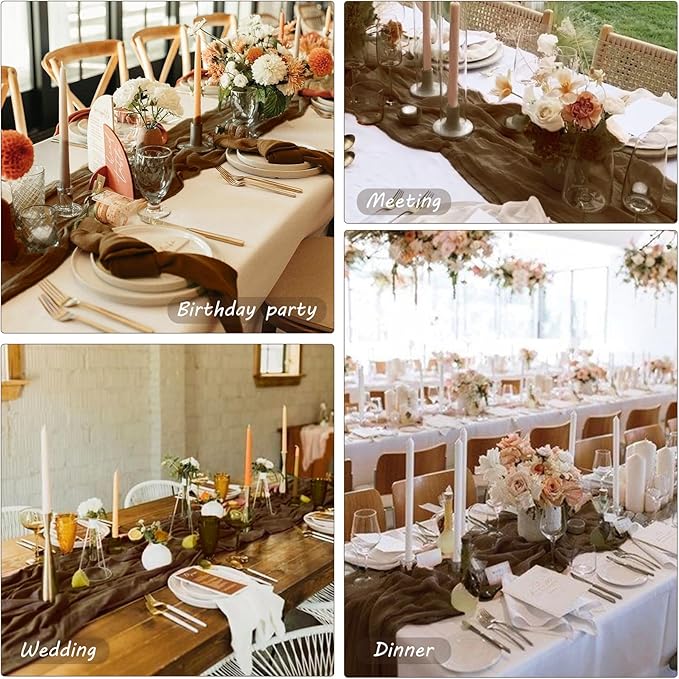 Fivenl 12 Pack Brown Boho Rustic Cheesecloth Table Runner 35x72 Inch Romantic Vintage Gauze Table Runner for Wedding Bridal Shower Birthday Party Table Decor
