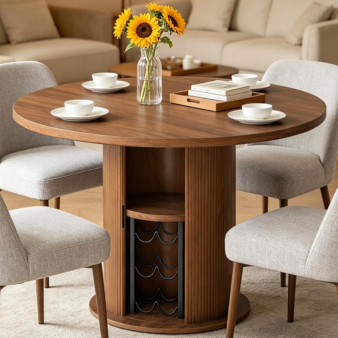 Wildhome Round Dining Table for 2-4, 31 Inch Dining Room Kitchen Table with 2-Tier Storage Shelf & Wine Rack, Modern Farmhouse Fluted Wood Slide Door Dinner Furniture,Circle(Non scalable-32 In-Walnut)