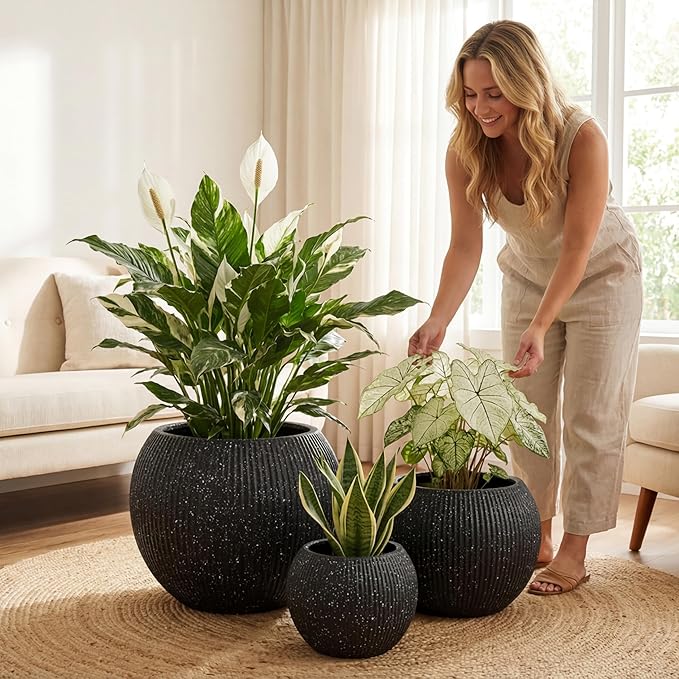 DTY Signature Mount Sherman Modern Indoor Outdoor Fiberstone Sphere Planter, Durable Round Garden Pot, Weather Resistant, Drainage Hole & Rubber Plug,Planter for Christmas Tree (Ribbed Black, Small)