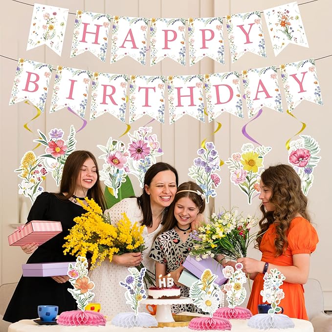 Flower Birthday Decorations for Girls Women, 14PCS Wildflower Floral Happy Birthday Banners Hanging Swirls and Honeycomb Centerpieces Decor Supplies