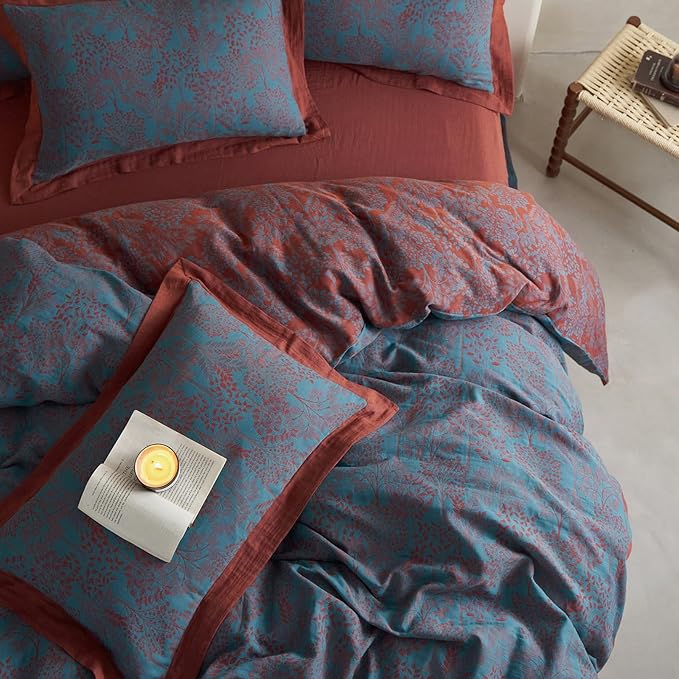 mixinni Muslin Cotton Vintage Blue Floral Duvet Cover Queen Size 3pcs Yarn Dyed Burgundy Jacquard Weave Bedding Comforter Cover Soft Breathable Bedding Sets for All Season-Queen Size