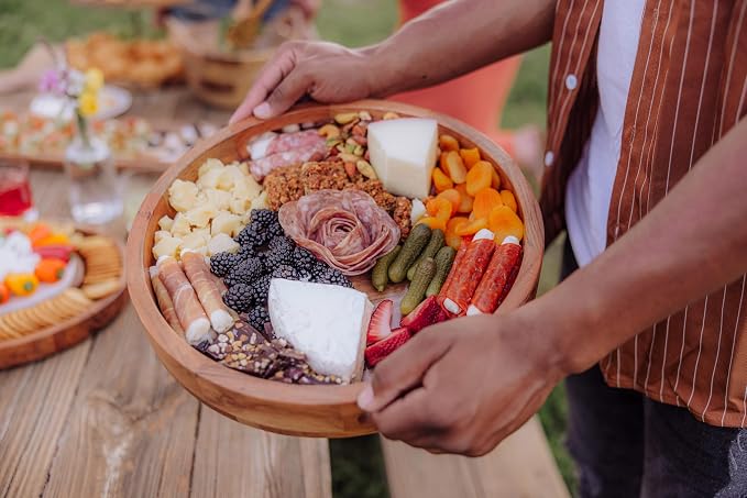 PICNIC TIME Barista Serving Tray with Glass Insert, Round Acacia Wood Cheese Board, Serving Platter with Handles, (Acacia Wood)